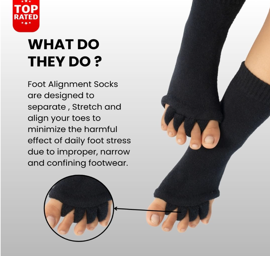 Foot Alignment 5-Toe Separator Orthopedic Cotton Socks for Women & Men – Bunion Corrector & Plantar Fasciitis Support (Black, Large)