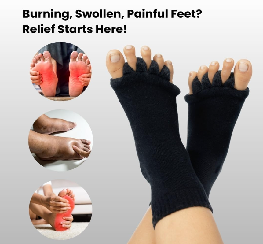 Foot Alignment 5-Toe Separator Orthopedic Cotton Socks for Women & Men – Bunion Corrector & Plantar Fasciitis Support (Black, Large)