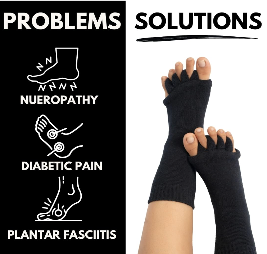 Foot Alignment 5-Toe Separator Orthopedic Cotton Socks for Women & Men – Bunion Corrector & Plantar Fasciitis Support (Black, Large)