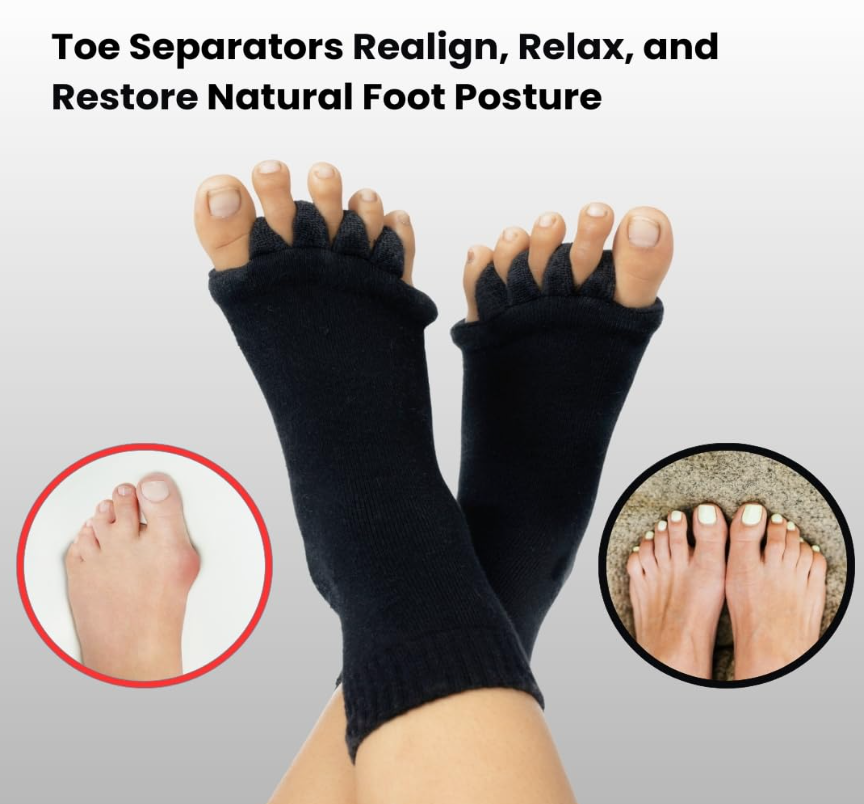 Foot Alignment 5-Toe Separator Orthopedic Cotton Socks for Women & Men – Bunion Corrector & Plantar Fasciitis Support (Black, Large)