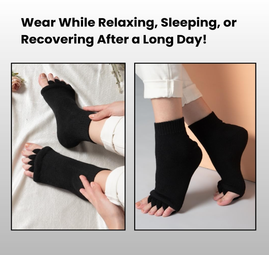 Foot Alignment 5-Toe Separator Orthopedic Cotton Socks for Women & Men – Bunion Corrector & Plantar Fasciitis Support (Black, Large)