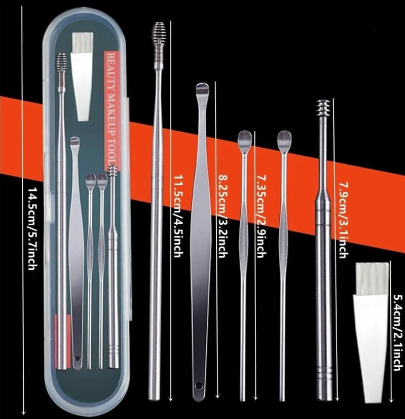 6 Pcs Ear Pick with a Storage Box Earwax Removal Kit  | Ear Cleansing Tool Set | Stainless Steel Spiral Ear Curette Ear Wax Remover Tool with Cleaning Brush