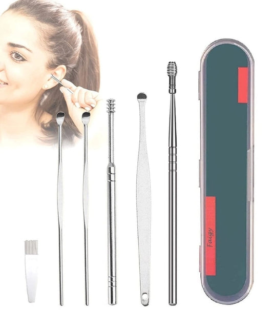 6 Pcs Ear Pick with a Storage Box Earwax Removal Kit  | Ear Cleansing Tool Set | Stainless Steel Spiral Ear Curette Ear Wax Remover Tool with Cleaning Brush